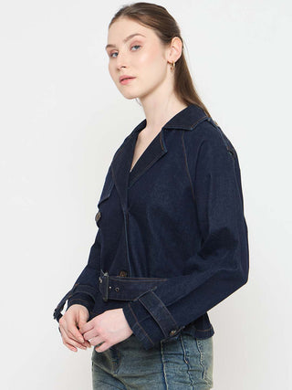 Madame Blue Denim Jacket with Faux Fur Collar and Sleeve Trim