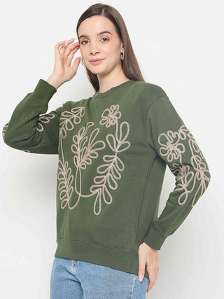 Madame Floral Embroidery Cotton Blend Green Sweatshirt