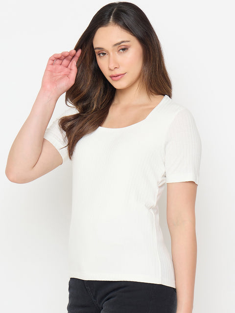 Madame White Rayon Blend Solid T-shirt