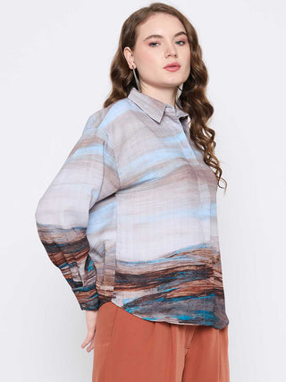 Madame Abstract Print Button Down Sky Blue Shirt Collar Shirt