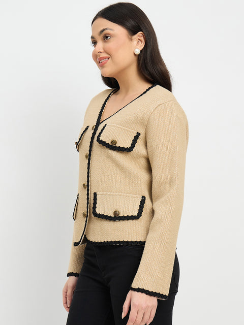 Madame Contrast Trim Brown Cardigan