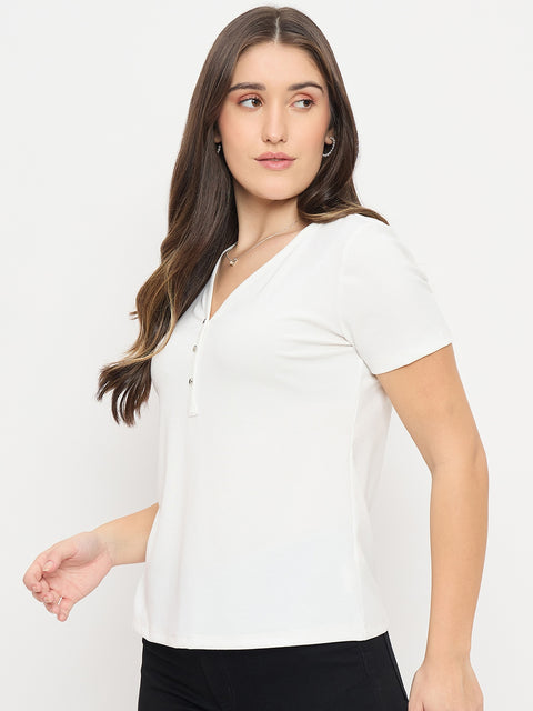 Madame White V-Neck T-Shirt with Button Placket