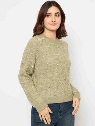 Madame Cable Knit Pearl Embellished Green Sweater