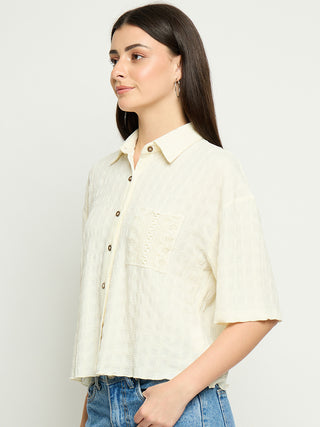 Madame Textured Pocketed Off White Shirt