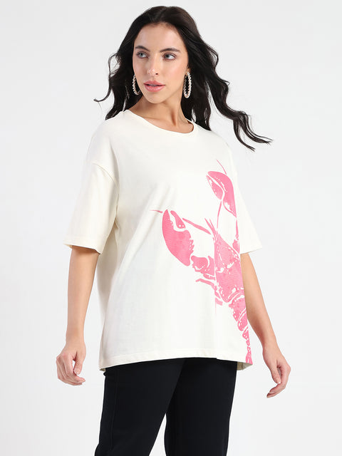 Madame Graphic Print Half Sleeve Off White Cotton T-shirt