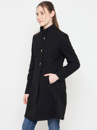 Madame Black Long Coat with Stand Collar and Buttons