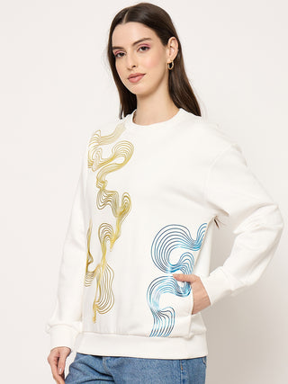 Madame Printed Crew Neck White Sweater