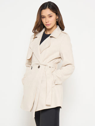 Madame Lapel Notch Collar Off White Long Coat with Belt and Buttons