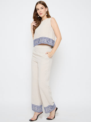 Madame Embroidered Top and Straight Bottoms Stone Grey Co-ord Set