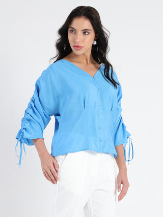 Madame Textured Ruched Sleeve Powder Blue Nylon Blend Top