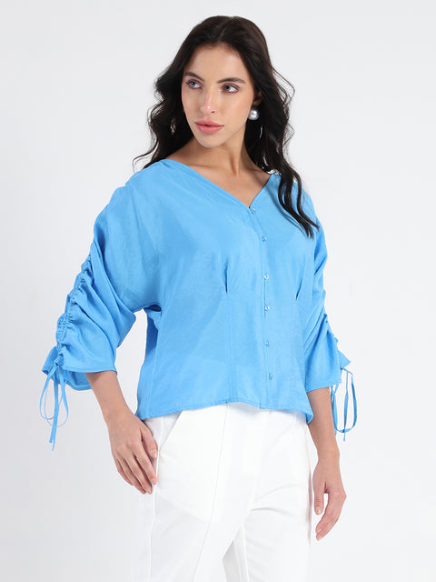 Madame Textured Ruched Sleeve Powder Blue Nylon Blend Top