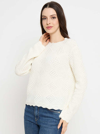 Madame Textured Scalloped Hem Off White Knitted Top