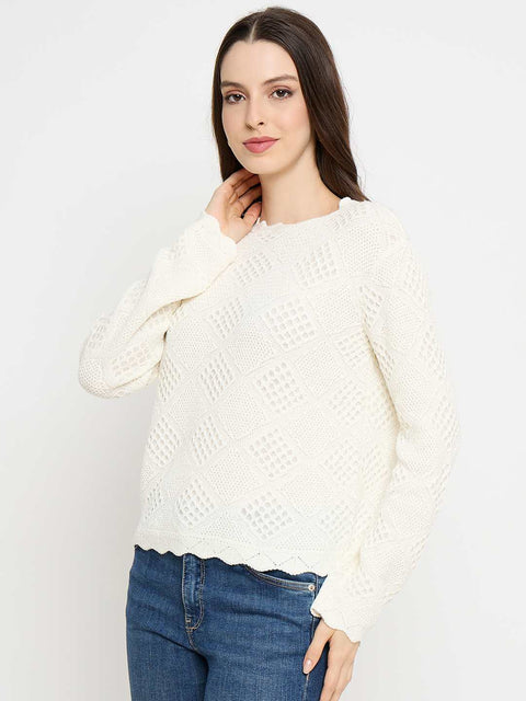 Madame Textured Scalloped Hem Off White Knitted Top
