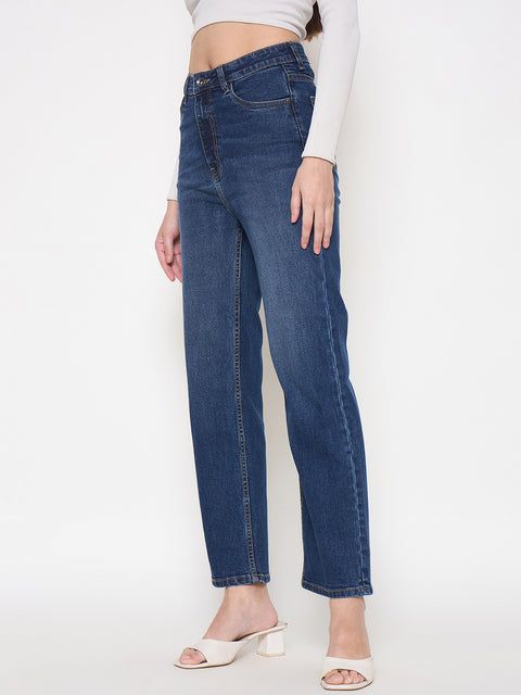 Madame Cotton Blend Rolled Hem Dark Blue Straight Jeans
