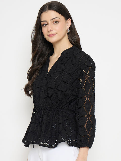 Madame Black Cotton Schiffli Peplum Top
