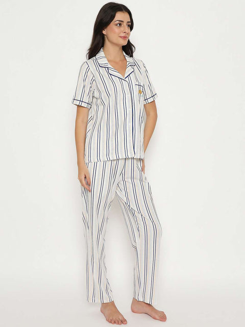 mSECRET Striped Top and Bottom Off-White Cotton Night Suit