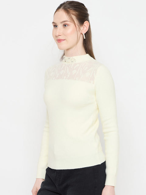 Madame Mock Neck Embellished Off White Sweater