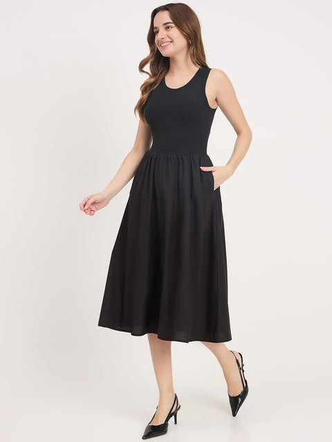 Madame Black Cotton Sleeveless Fit and Flare Maxi Dress