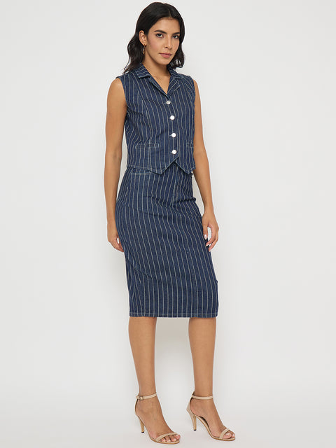 Madame Striped Top and Skirt Mid-Blue Co-ord Set