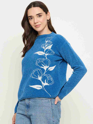 Madame Floral Print Blue Pullover Sweater