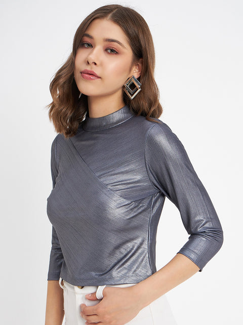 Madame Shimmering Asymmetrical Seam Detail Navy Blue Top