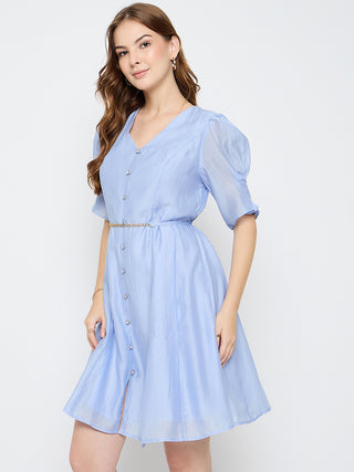 Madame Textured Belted Blue Mini A Line Dress