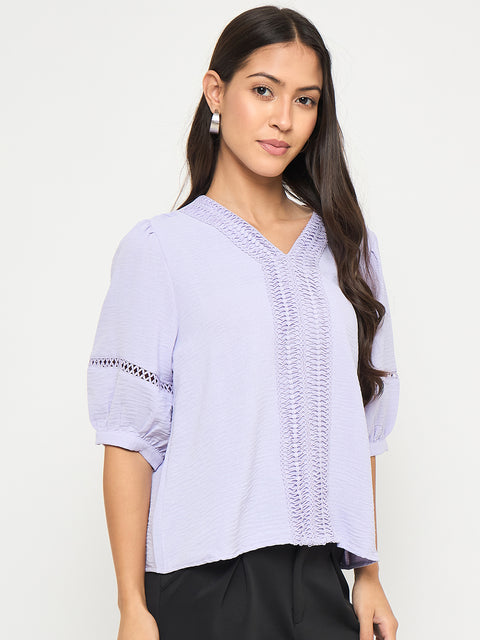 Madame Lace Detailed V-Neck Solid Lilac Knit Top