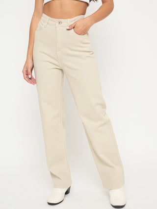 Madame Straight Fit Cotton Blend Solid Beige Jeans