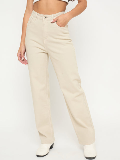Madame Straight Fit Cotton Blend Solid Beige Jeans