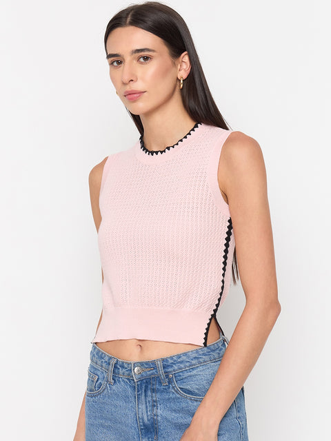 Madame Powder Pink Contrast Trim Cotton Knit Top
