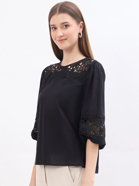 Madame Lace Patchwork Black Cotton Top