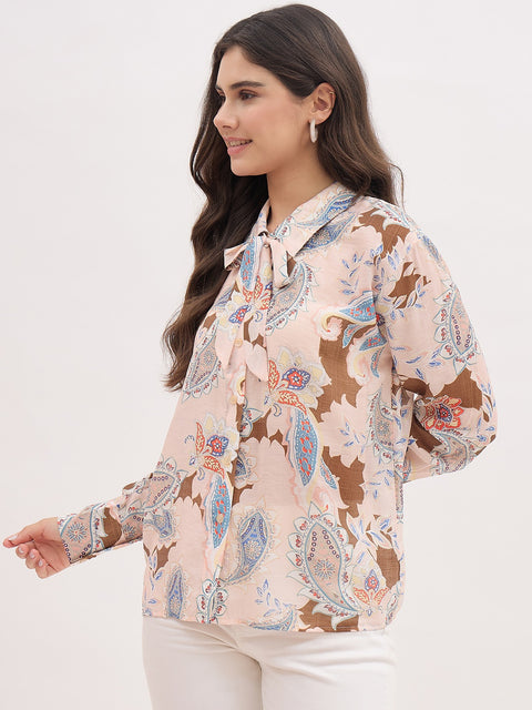 Madame Pink Paisley Print Shirt With Neck Tie