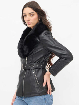 Madame Faux Fur Collar Black PU Leather Jacket