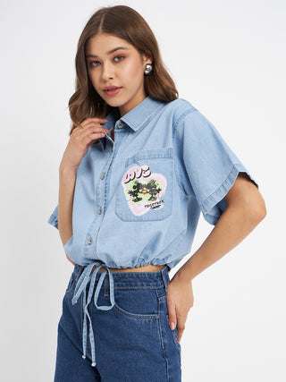 Madame Graphic Print Light Blue Cotton Shirt