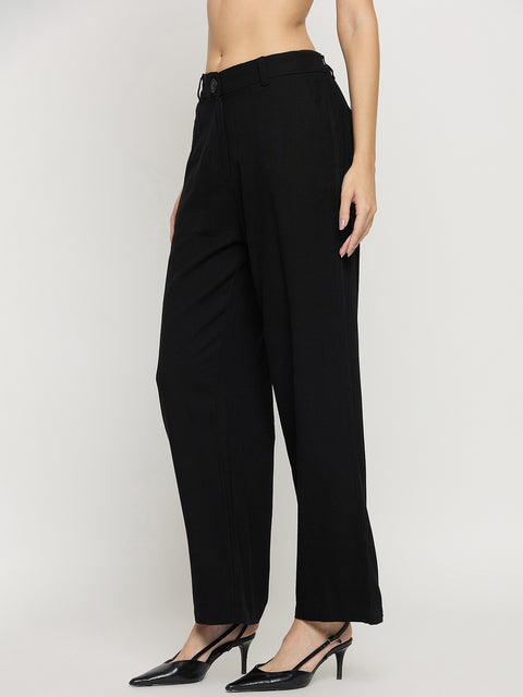 Madame Black Rayon Linen Straight Fit Ankle Trousers