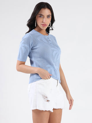 Madame Semi Sheer Botanical Pattern Sky Blue Knit Top