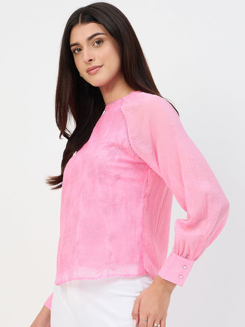 Madame Pink Embroidered Bishop-Sleeve Viscose Top
