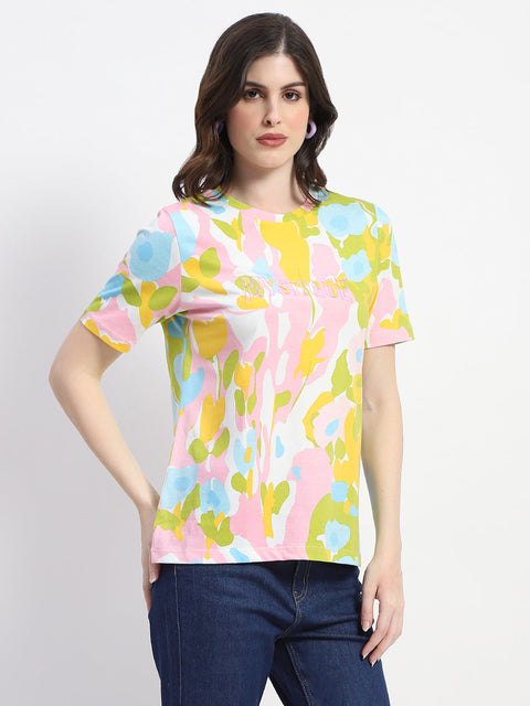 Madame Abstract And Typography Print White Cotton T-Shirt