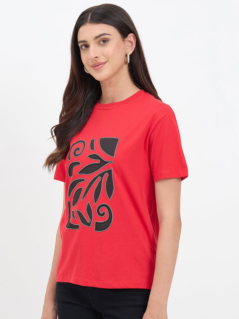 Madame Red Cotton Printed Half-Sleeve T-Shirt