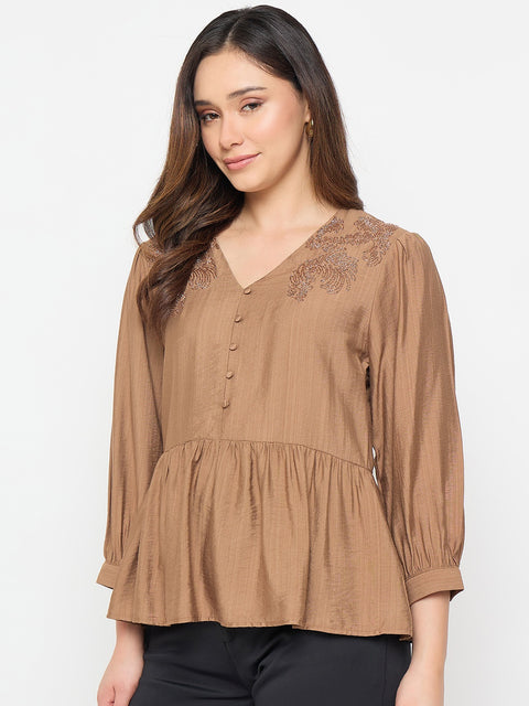 Madame Brown Embroidered Buttoned Peplum Top