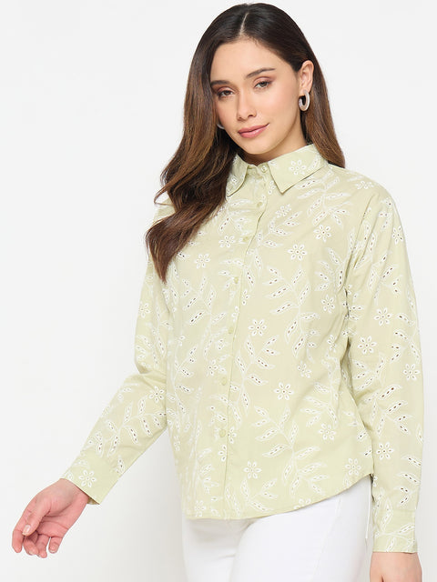 Madame Embroidered Green Cotton Shirt