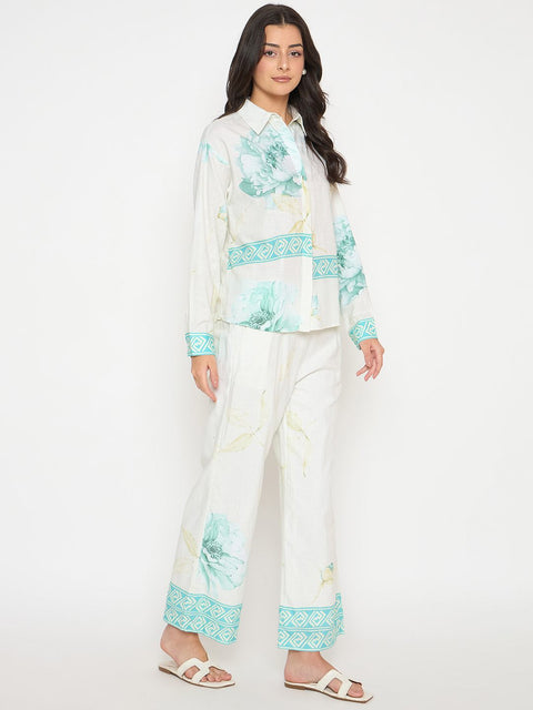 Madame Floral Print Top and Bottom Sea Green Cotton Co-ord Set