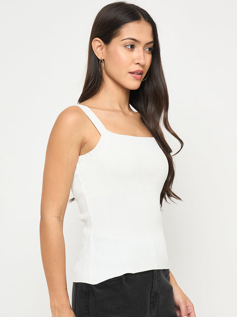 Madame Ribbed Sleeveless White Knitted Top