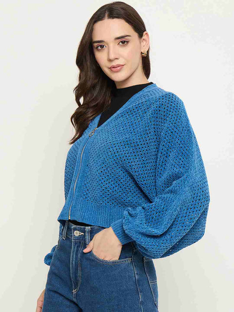 Madame Textured Relaxed Fit Blue Sweater