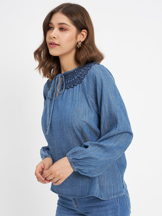Madame Embroidered Collar Tie Neck Blue Cotton Top