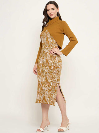 Madame Floral Print Dress and Wrap Sweater Mustard Yellow Co-ord Set
