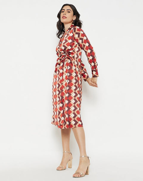Madame Geometric Print Side Ruched Rosewood Midi Dress