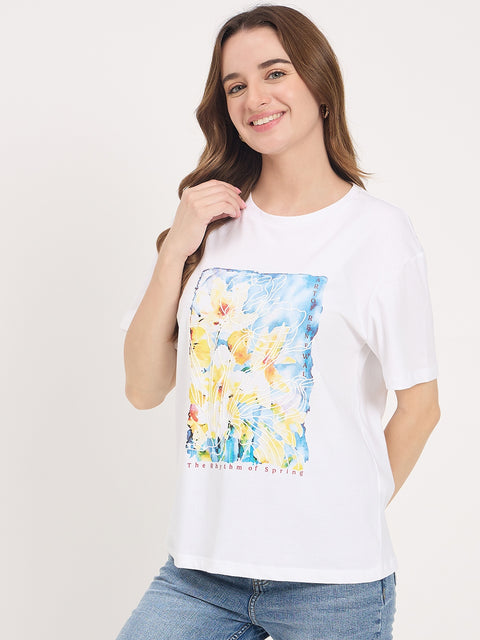Madame White Graphic Print Cotton Round Neck T-Shirt