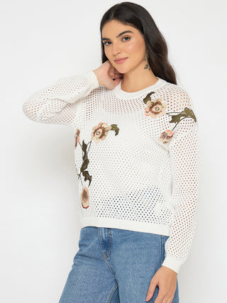 Madame Embroidered Semi Sheer Off White Knitted Top