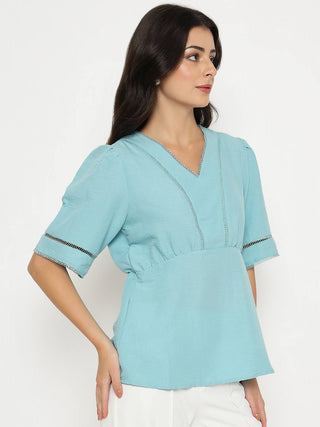 Madame V Neck Sea Green Peplum Top